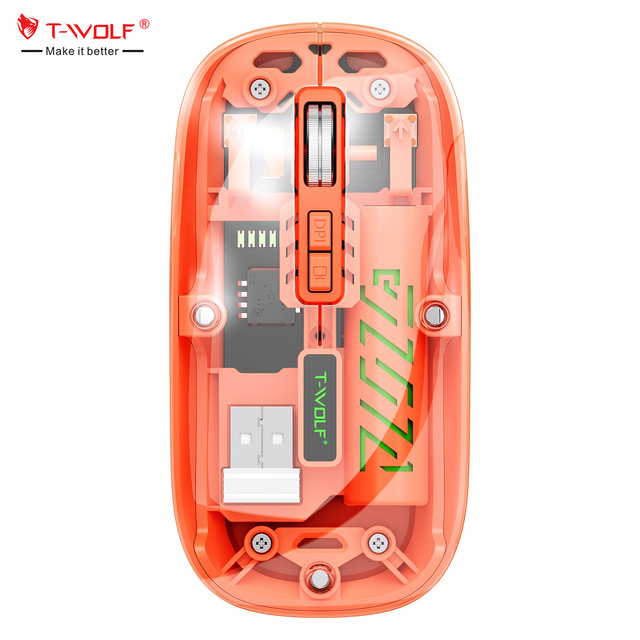 T-WOLF X11 2.4GHz/BT5.0 Wireless Transparent Mouse Computer Silent Dual-mode Rechargeable Lightweight Wireless Mouse for Laptop