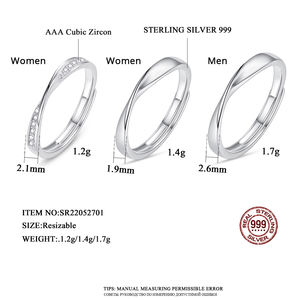 CZCITY シルバー925 ジュエリー 調節可能 幾何学的 純銀 S999 スターリングシルバー エタニティ プロミス ペア カップル 結婚指輪 リングセット - Product Image 2