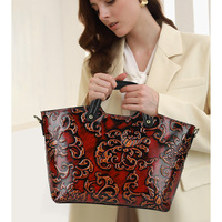 Sac à main pour femme en cuir véritable de style rétro chinois, sac fourre-tout en cuir de vachette de première couche, fermeture éclair, technologie de frottement de couleur, gaufrage