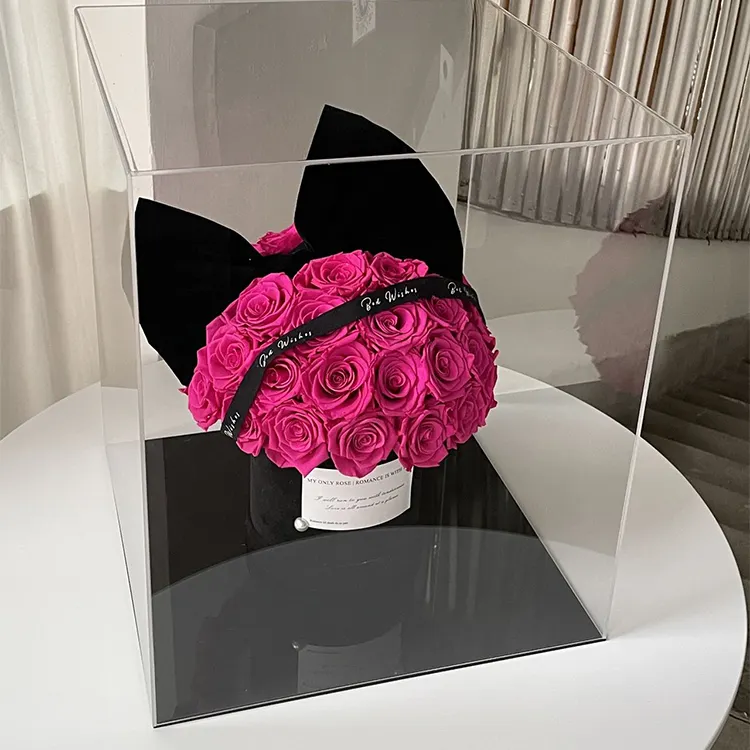 Bowknot Eternal Flower Embracing Bucket Preserved Rose In Acrylic Box Gift Bouquet