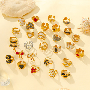 Anillo Vintage Colorido con Baño de Oro, Anillo de Acero Inoxidable con Incrustaciones de Piedras Naturales, Anillo Abierto Ajustable a Prueba de Agua para Mujer - Product Image 1