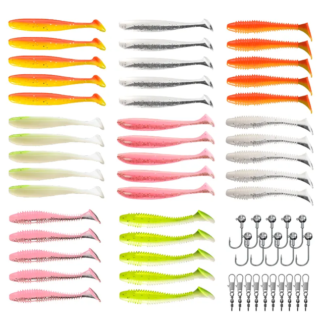 Bionic Worm Bait Kit Silicone t Tail Soft Fishing Lures and Jig Lead Head Hook Fishing Tackle Lure Set