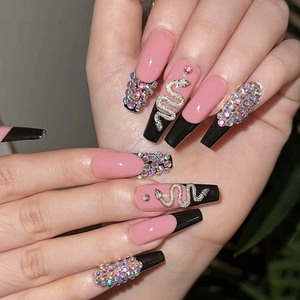 24 Uñas Postizas de Lujo Hechas a Mano, Uñas Acrílicas Largas Tipo Bailarina con Decoración de Diamantes - Product Image 4