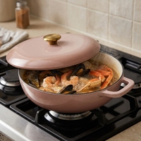 Poêle à frire en fonte émaillée blanche non toxique avec couvercle à bouton, compatible avec les cuisinières à induction, à gaz et électriques