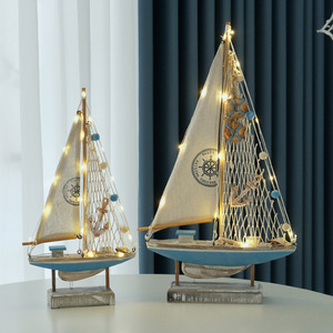 Mediterranean Sailboat Decorative Wooden Model With <b>Lights</b> Desktop Ornament For Living Room - Product Image 2