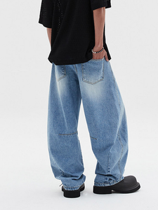 OEM <b>Custom</b> Multi Darted <b>Balloon</b> Denim Pants Blue High Waist Baggy Denim Jeans - Product Image 3