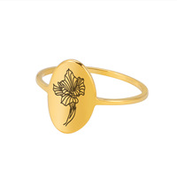 Bague Ovale Femme en Acier Inoxydable Plaqué Or 18K Véritable, Style Vintage Minimaliste, avec Pierre Précieuse du Mois de Naissance et Motif Floral, Artisanat Exquis