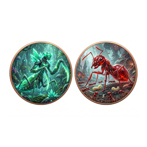 2 piezas de 1 oz, Monedas de Batalla de Insectos de Fantasía de Cobre Fino .999, Mantis de Cristal Verde vs. Hormiga de Fuego Roja, Set de Monedas Coleccionables - Product Image 1
