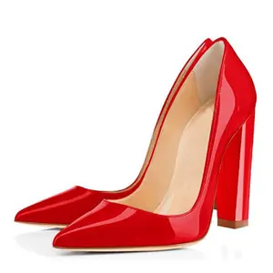 Women's Pointed Toe Red Patent Leather Chunky Heel Party Dress Shoes High Heel Pumps for Ladies Big Size Dance Shoe