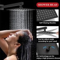 Système de douche mural noir mat à trois poignées en acier inoxydable 304, avec pommeau de douche carré de 10 pouces et mitigeur de douche pluie