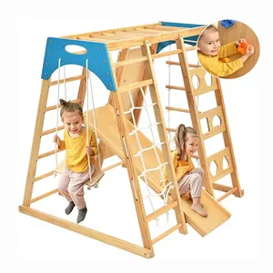 10-in-1 Indoor Playground Toddler Wooden Climbing Play Set Indoor Jungle Gym with Slide Rock Climbing Wall Rope Climber