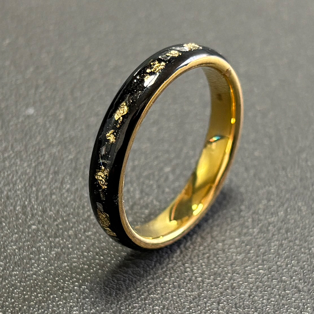 Alin 4mm Dainty Gold Leaf Meteorite Ring Black Surface Yellow Gold Inside Meteorite Foil Leaf Ring Polished Dome Ring