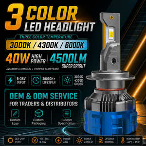 Lampadina LED per Fari Auto a 3 Colori, SFIDA V3 Tripla Tonalità Ambra Bianco <span class=keywords><strong>H4</strong></span> H7 H11 9005 9006, Lampadina LED per Fendinebbia 3000K 4300K 6000K - Product Image 1