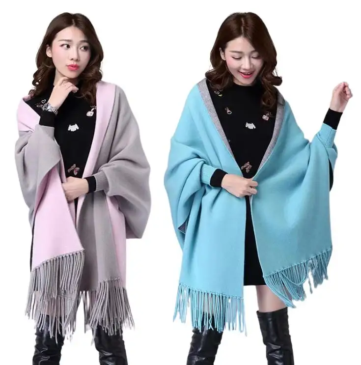 Sonbahar/kış kadın çift taraflı pelerin Pashmina eşarp saçak ve kollu kaşmir karışımı pelerin palto