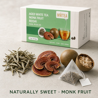 Thé Blanc Naturel Vieilli Direct Usine avec Reishi et Fruit du Moine, Sans Sucre Ajouté, Faible en Caféine, Sachets Pyramidaux