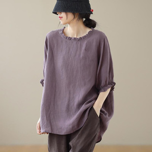 Women's Loose Linen T-Shirt Purple Ruffled Collar Everyday Wear - Product Image 1