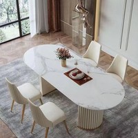 Ensemble de table à manger ovale moderne beige italien pour six personnes, bordure dorée, acier inoxydable, plateau en pierre frittée, bar à domicile, hôtel, best-seller