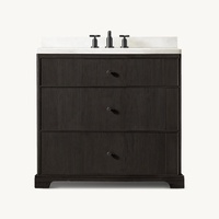 Meuble-lavabo de salle de bain moderne en bois massif avec rainure rayée Porte laquée Comptoir en marbre Meuble à tiroirs de rangement autoportant