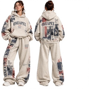 Conjunto de Sudadera con Capucha y Pantalones Anchos con Estampado Gráfico, Lavado Ácido, Color Personalizado, para Mujer, Ropa Deportiva Informal de Invierno - Product Image 1