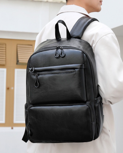 Black PU Leather Laptop <b>Backpack</b> Large Capacity Business Travel School Bag Water Resistant Soft Handle - Product Image 6