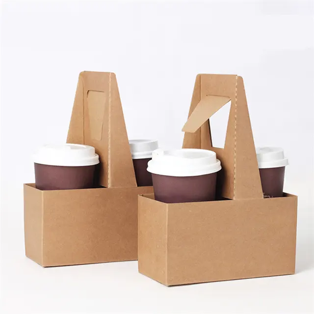 Customized Take Away Hot Drink Coffee Tea Cup Holder Cup Holder with Portable Kraft Paper Disposable Craft Paper Food Tray Acce