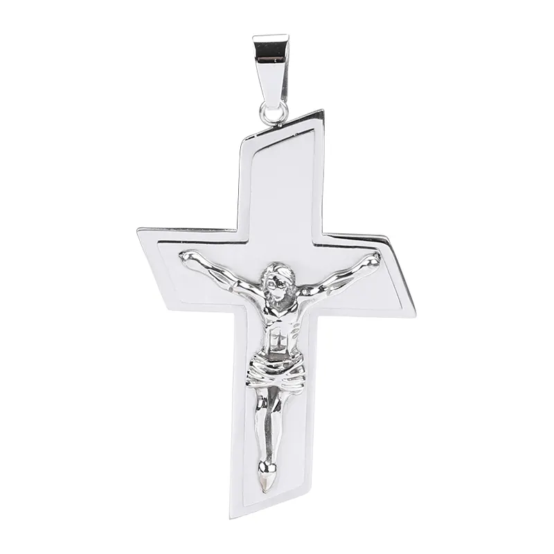 Vente en gros Collier pendentif croix de jésus en acier inoxydable pour hommes, traitement poli cristal strass zircon plaqué argent