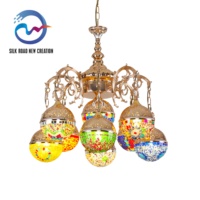 Lustre LED 8 lumières en mosaïque turque avec cadre en fer, lampe suspendue marocaine vintage, verre teinté fait main, bronze antique