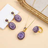 Parure de bijoux trois pièces vintage en améthyste brésilienne et alliage, boucles d'oreilles, bague et collier, pour femme, idéale pour les soirées, luxe léger, haut de gamme, transfrontalier