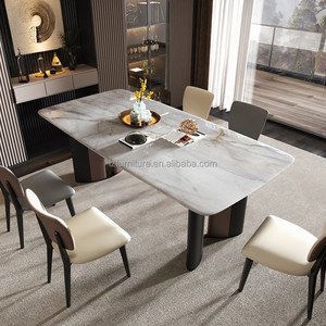 Juego de Comedor de Lujo con Mesa Rectangular de Losa de Roca, Tapa con Patrón de Mármol, Base Doble Curva, 6 Sillas, Muebles para Hogar, Restaurante y Hotel - Product Image 3