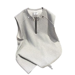 Chaleco gris de verano para hombre, estilo americano, sin mangas, con hombreras, transpirable, sin arrugas, para hombres corpulentos, con media cremallera, estilo urbano. - Product Image 3