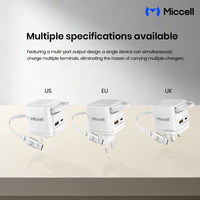 Chargeur de voyage USB-C GaN 45W Miccell avec câble Type-C rétractable intégré, adaptateur de charge rapide double port USB-A pour téléphone