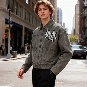 Giacca di Jeans da Uomo YUJIA OEM <span class=keywords><strong>Oversize</strong></span> all'Ingrosso con Lavorazione a Rilievo Fornitori di Giacche di Jeans di Alta Qualità Produttore di Top da Uomo - Product Image 3