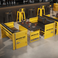 Ensemble de bar de style conteneur en bois de pin jaune moderne, avec panneau logo et sièges rembourrés, pour salle à manger, durable, fourni par le fabricant