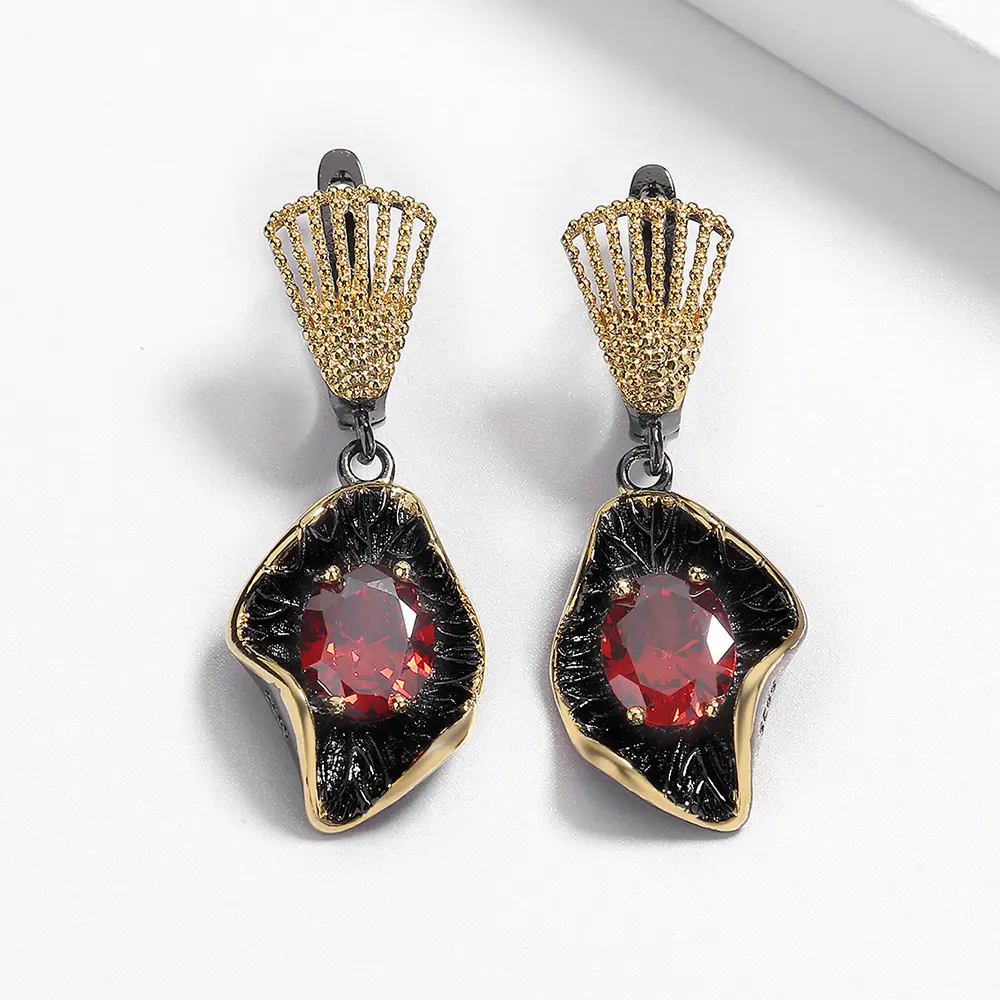 Gioielli squisiti KYED0885 orecchini di gioielli da donna con zirconi rossi 5A placcati neri esagerati in stile Vintage per le donne