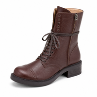 Bottes de combat en cuir véritable pour femmes, avec détails brogues, lacets, fermeture éclair latérale, talon bloc, style rétro, mi-mollet, chaussures automne/hiver