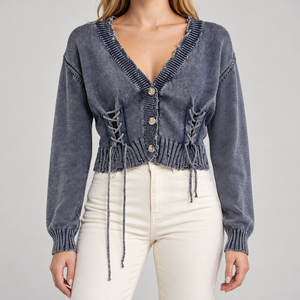 Womens Lace Up <b>Cropped</b> <b>Cardigan</b> V Neck Button Front Distressed Washed Knit Long Sleeve Ribbed Trim Sweater Wholesale - Product Image 1
