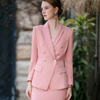 2025 rose Tweed Blazer et jupe coupe ajustée tempérament jupes croisées haut de gamme bureau ODM OEM deux pièces ensembles vêtements de bureau