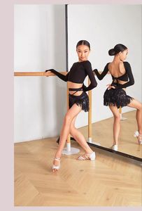 Rok dansa Latin rumbai gaun dansa panggung Fashion punggung terbuka hitam untuk samba Rumba <span class=keywords><strong>Chacha</strong></span> pakaian kostum pertunjukan - Product Image 6