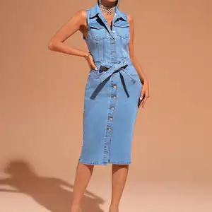 2024 nouveau Design décontracté mode formelle sans manches simple bouton poches robe en jean pour les femmes