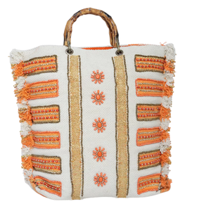 Sacs de plage en toile brodés et perlés tendance, sacs de plage de luxe faits à la main avec des poignées en bambou, fabricant indien OEM ODM en gros - Product Image 1