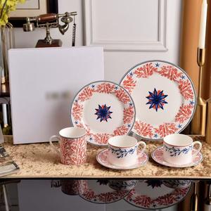 D Home <b>Red</b> Coral Series Bone China Glaze Color Dinner Plate Simple Steak Plate Coffee Cup and Saucer Combination suit <b>Gift</b> <b>Box</b> - Product Image 1