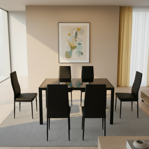 <span class=keywords><strong>Table</strong></span> à manger en verre trempé noir au design classique avec 6 chaises rembourrées en PU, ensemble <span class=keywords><strong>de</strong></span> salle à manger confortable - Product Image 2