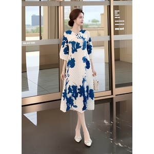 Abito Midi Elegante <span class=keywords><strong>da</strong></span> Donna con Scollo a V e Pieghe, Vestibilità Regolare, Stampa Floreale, Ecologico, Antipiega, Casual 2026 - Ingrosso Fabbrica - Product Image 4