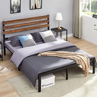 Cadre de lit king size moderne et minimaliste en bois industriel avec tête de lit en bois, sommier à lattes métalliques robustes, modulaire et extensible pour chambre à coucher