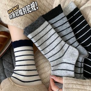 Women's Striped Mid-Calf <b>Socks</b> Navy Blue Soft Lace Trim Thermo <b>Winter</b> Casual <b>Socks</b> - Product Image 2
