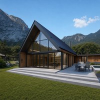 Grande structure de centre d'exposition en acier avec poutres de toit apparentes, entrée en verre et espace de réception paysagé pour événements