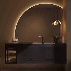 Contemporary <b>Wall</b> Mounted Bathroom Vanity With LED Arc <b>Mirror</b> Ceramic Basin 60 In MDF Minimalist Design - Product Image 6