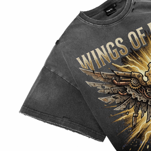 Men's Vintage Distress Acid Wash T Shirt Punk Winged Mechanical Key with Letter Print Oversized Short Sleeve Tees <b>for</b> Wholesale - Product Image 4