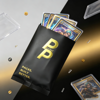Emballage personnalisé pour cartes à collectionner, noir mat avec dorure à chaud, surface brillante, dos métallique, sachets thermoscellables