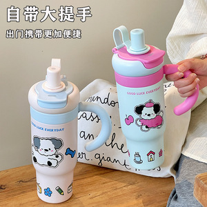 Outdoor Travel Car Mug With Cartoon Print Insulated Handle Straw Lid <b>Thermos</b> - Product Image 2